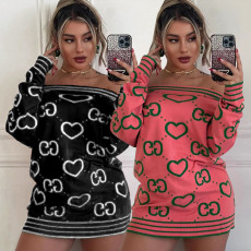 Winter new long sleeved sexy one shoulder sweater jumpsuit short skirt in 2 colors