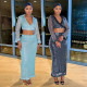 New collar deep V-long sleeved short top paired with hip hugging half skirt sequined two-piece set