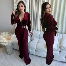 Women's sexy V-neck long sleeved rhinestone jumpsuit slim fit wide leg pants