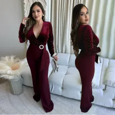 Women's sexy V-neck long sleeved rhinestone jumpsuit slim fit wide leg pants