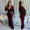 Women's sexy V-neck long sleeved rhinestone jumpsuit slim fit wide leg pants