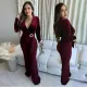 Women's sexy V-neck long sleeved rhinestone jumpsuit slim fit wide leg pants