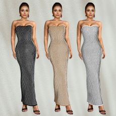 Fashion women's off shoulder rhinestone tight split hip dress
