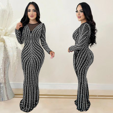 Fashionable women's rhinestone slim fit long skirt long sleeved mesh dress