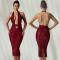 Fashion women's deep V-neck hanging sequin wrapped hip sleeveless dress new