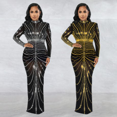 Fashionable women's sexy long sleeved dress with a back slit and rhinestone hot stamping, new
