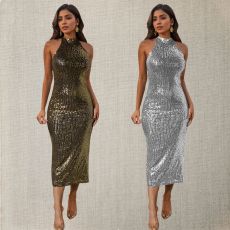 Fashionable women's neck hanging sequin tight and sexy slim fit dress