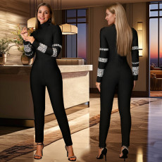 Fashionable women's long sleeved jumpsuit with a high neck and a stylish hot stamping diamond jumpsuit