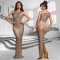 Fashionable women's slim fit bag arm rhinestone hot stamping split dress new