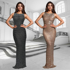 Fashionable women's slim fit bag arm rhinestone hot stamping split dress new