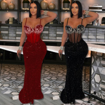 Velvet sequin party dress dress, rhinestone suspender dress, hip hugging long skirt for women