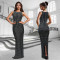 Fashionable women's slim fit bag arm rhinestone hot stamping split dress new