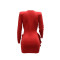 Fashionable and sexy V-neck solid color dress, hip hugging long sleeved skirt, evening gown
