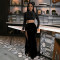 Fashionable round neck sequin short long sleeved top with sexy high slit velvet half area