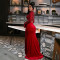 Fashionable round neck sequin short long sleeved top with sexy high slit velvet half area