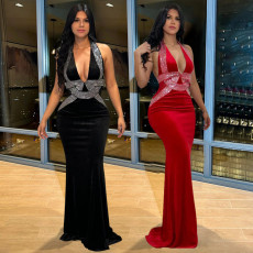 Sexy neck hanging backless dress, fashionable sleeveless hip hugging long dress, party evening gown