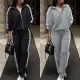 Collar striped zipper shoulder down sweatshirt set, two-piece set