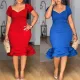 Elastic hip hugging waist cinched lantern sleeve wavy hem dress