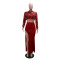 Fashionable round neck sequin short long sleeved top with sexy high slit velvet half area