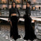 Fashionable round neck sequin short long sleeved top with sexy high slit velvet half area