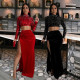 Fashionable round neck sequin short long sleeved top with sexy high slit velvet half area