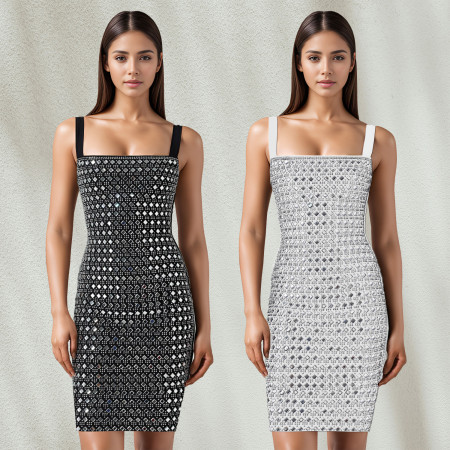 Fashionable women's sexy dress, slim fit rhinestone suspender dress