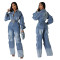 Work pants washed and worn denim jumpsuit jumpsuit with multiple pockets and wide legs