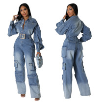 Work pants washed and worn denim jumpsuit jumpsuit with multiple pockets and wide legs