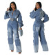 Work pants washed and worn denim jumpsuit jumpsuit with multiple pockets and wide legs