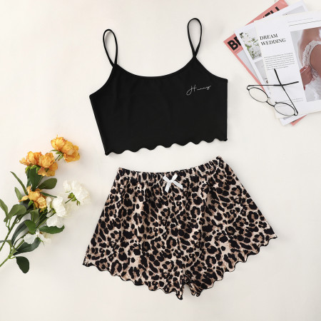 New letter honey printed camisole top and leopard print shorts home suit set
