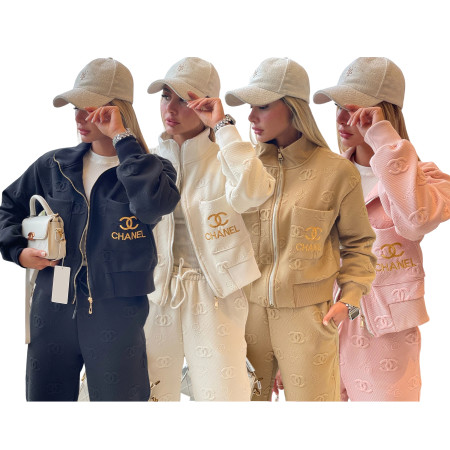Fashionable and elegant women's knitted embossed long sleeved pants set (double pockets)