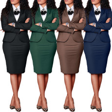 Women's new fashion for autumn and winter, professional composite long sleeved suit, hip hugging split skirt set