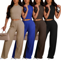 Women's vest pleated suit long pants two-piece set summer high elasticity sexy