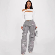 Autumn and winter new European and American women's workwear with multiple pencil cases, silver hot denim jeans, long style
