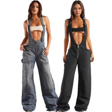 Women's street style low waisted shoulder strap one-piece wide leg jeans, new personalized spicy girl pants