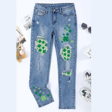 New Three Leaf Clover St. Patrick's Day Four Leaf Clover Straight Tube Casual Piercing Jeans for Women