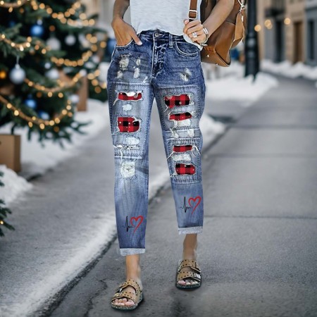 Valentine's Day printed flip up ripped jeans, fashionable and personalized pants for women