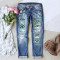 Punch print casual straight leg mid waist women's washed denim jeans
