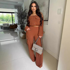 Women's Fashion One Shoulder Solid Color Long Sleeve Casual Two Piece Set
