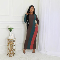 Women's Fashion Multi color Splicing Long Sleeve Pit Strip Casual Dress