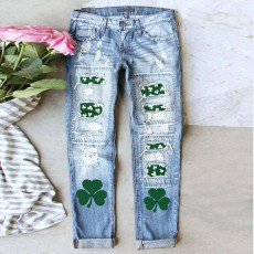 Punch print casual straight leg mid waist women's washed denim jeans
