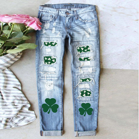 Punch print casual straight leg mid waist women's washed denim jeans