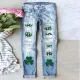 Punch print casual straight leg mid waist women's washed denim jeans