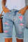 New Valentine's Day Sparkling Heart Printed Pierced Jeans with Burr Edges, Tight and Casual Shorts