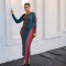 Women's Fashion Multi color Splicing Long Sleeve Pit Strip Casual Dress