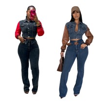 Hot selling leather U denim patchwork elastic pants women's clothing