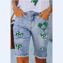 Clover Festival Asian Hairy Leg Mid Waist Cowboy Shorts with Piercing