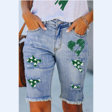 Clover Festival Asian Hairy Leg Mid Waist Cowboy Shorts with Piercing