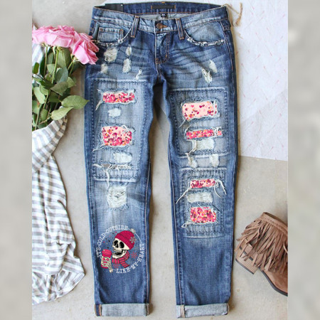 New denim print hole casual women's denim pants