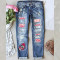 New denim print hole casual women's denim pants